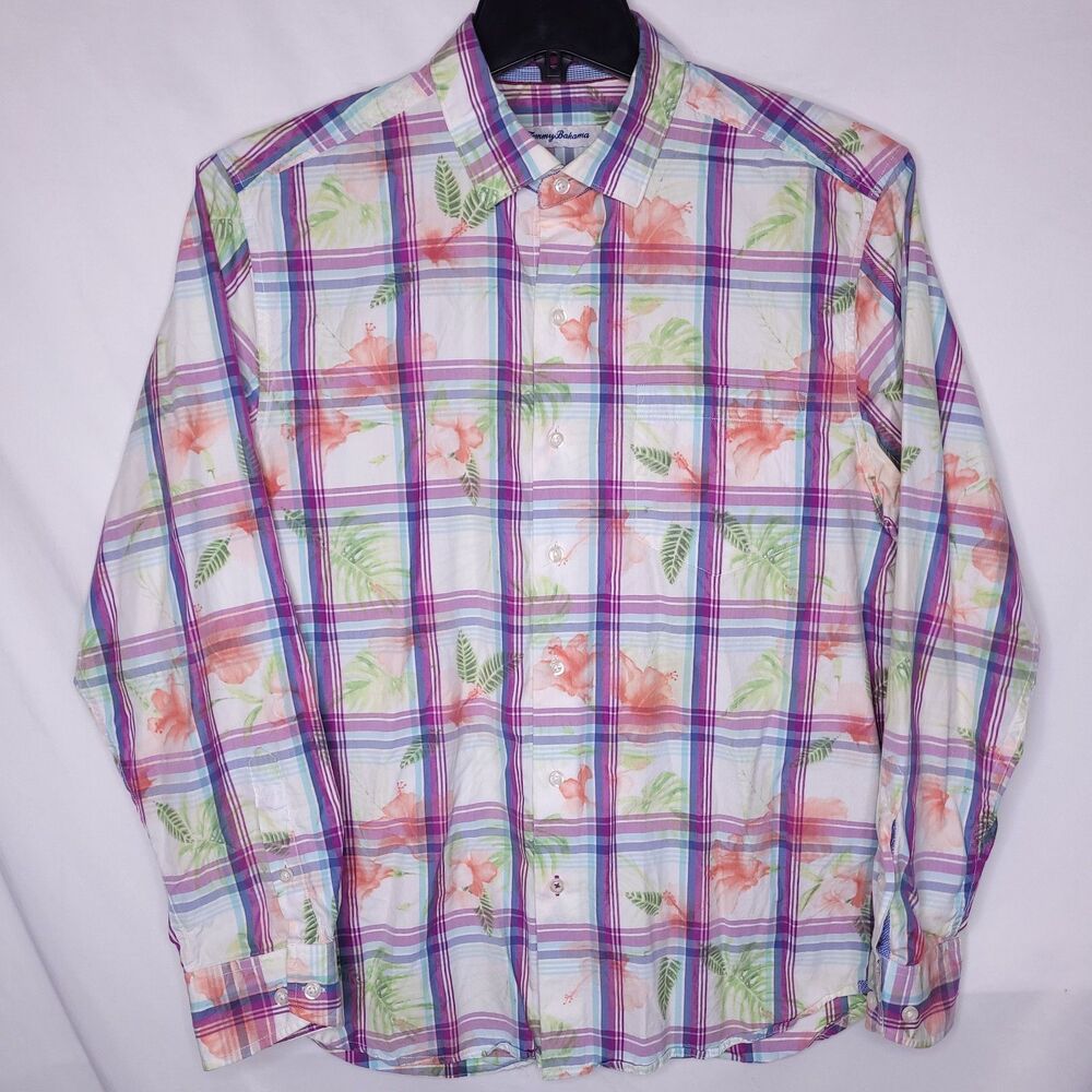 Tommy Bahama Shirt Mens Medium Plaid Floral Vedado Cotton Silk